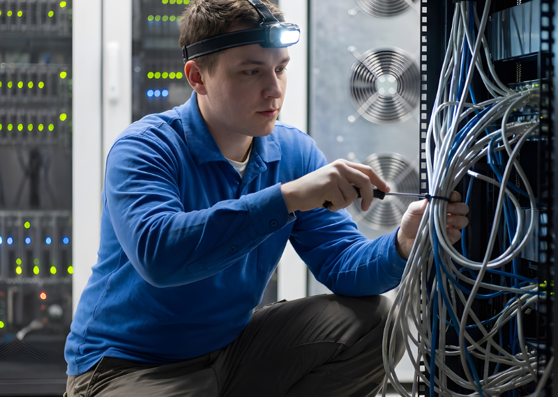 Technicians installing organized fiber optic and copper cables in server racks (1)