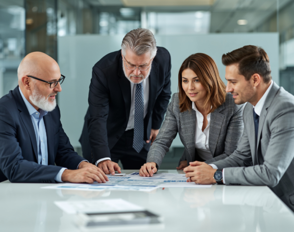 Business professionals collaborating in a smart office